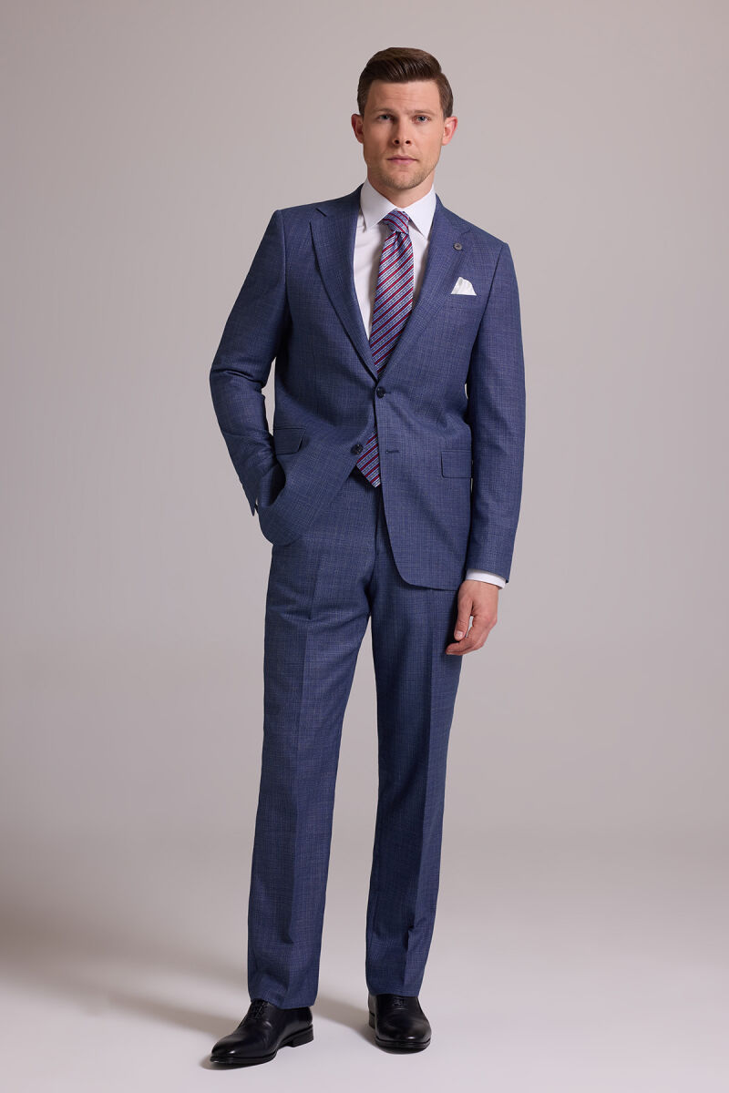 Erkek Mavi Regular Fit Mono Yaka Yünlü Takım Elbise - 1