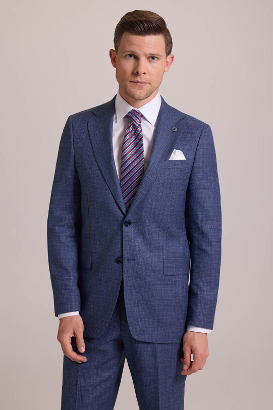Erkek Mavi Regular Fit Mono Yaka Yünlü Takım Elbise