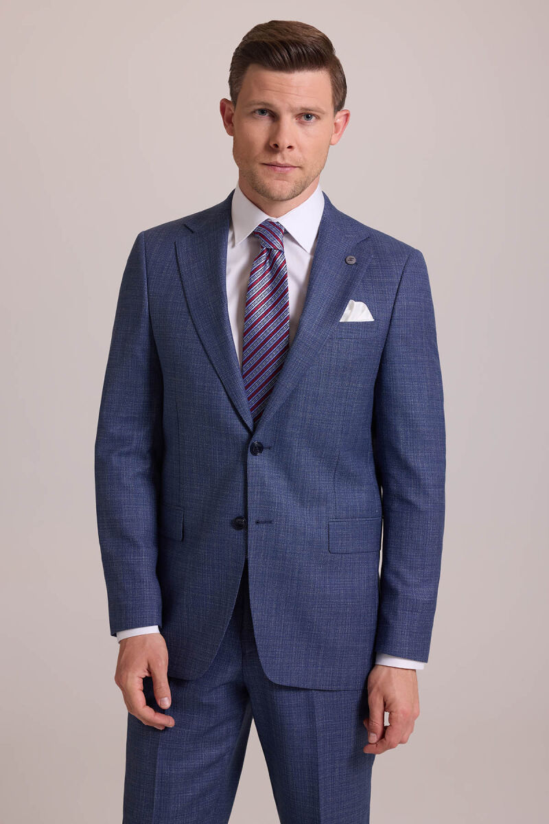 Erkek Mavi Regular Fit Mono Yaka Yünlü Takım Elbise - 2