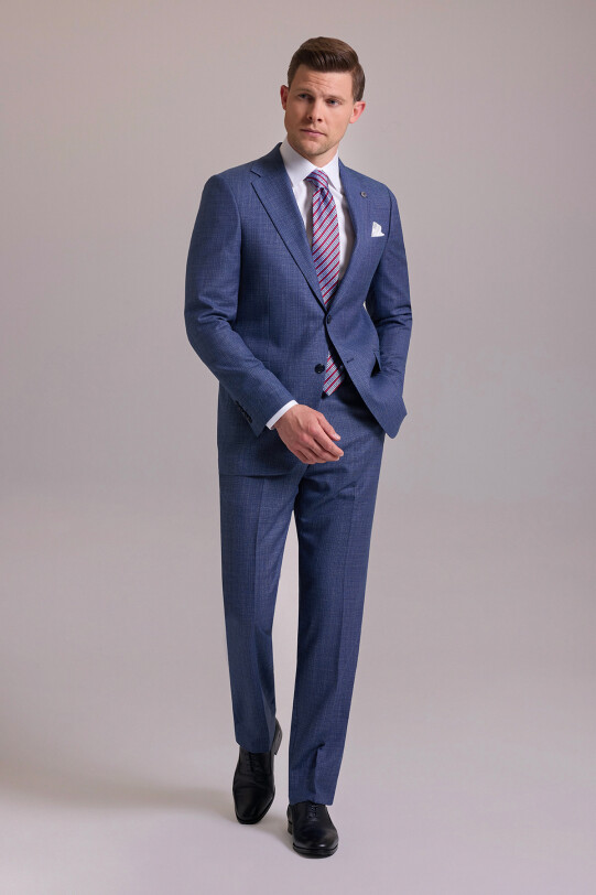Erkek Mavi Regular Fit Mono Yaka Yünlü Takım Elbise