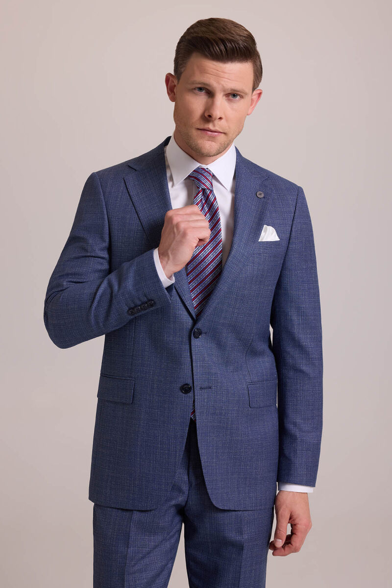 Erkek Mavi Regular Fit Mono Yaka Yünlü Takım Elbise - 4