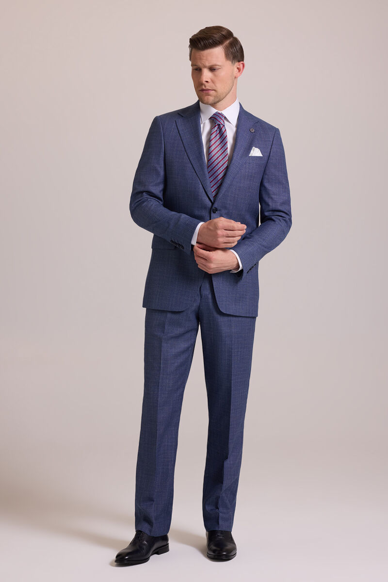 Erkek Mavi Regular Fit Mono Yaka Yünlü Takım Elbise - 5