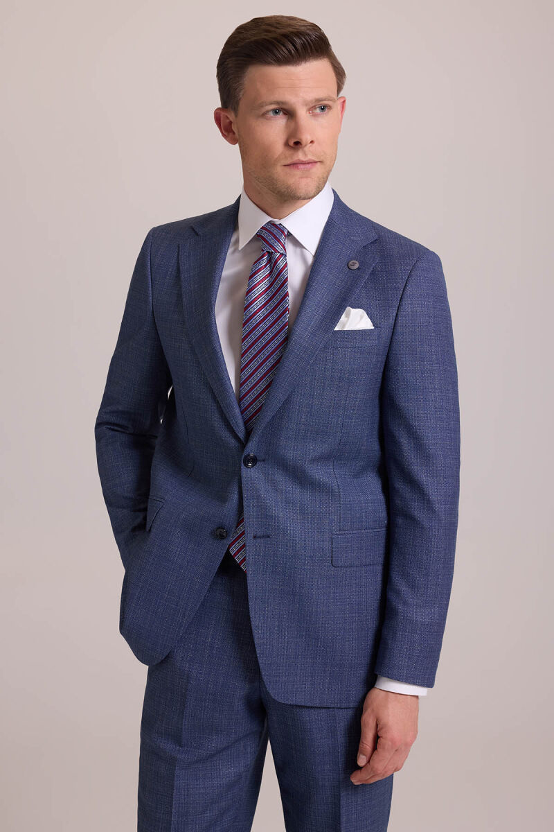 Erkek Mavi Regular Fit Mono Yaka Yünlü Takım Elbise - 6