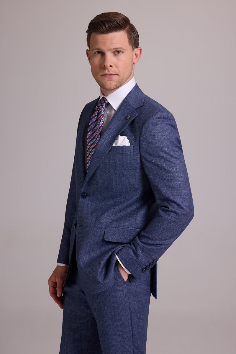 Erkek Mavi Regular Fit Mono Yaka Yünlü Takım Elbise - 8