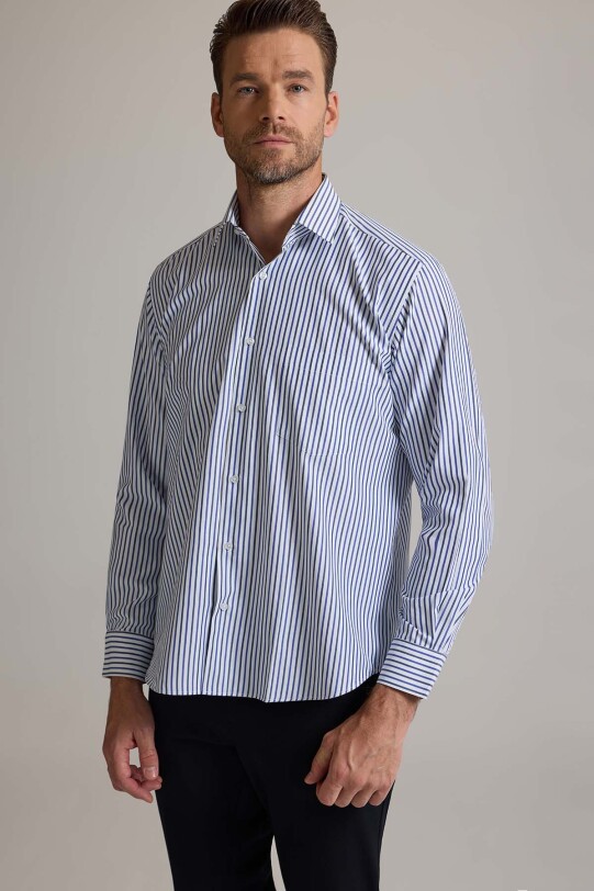Erkek Mavi Regular Fit Pamuklu Çizgili Gömlek
