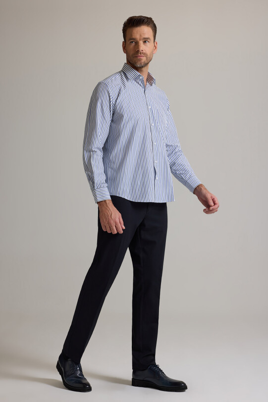 Erkek Mavi Regular Fit Pamuklu Çizgili Gömlek