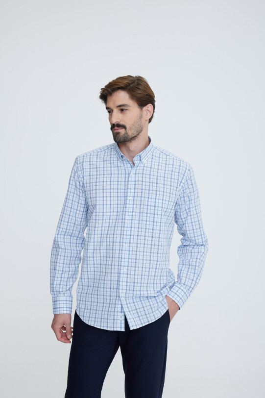 Erkek Mavi Regular Fit Uzun Kol Yaka Düğmeli Gömlek