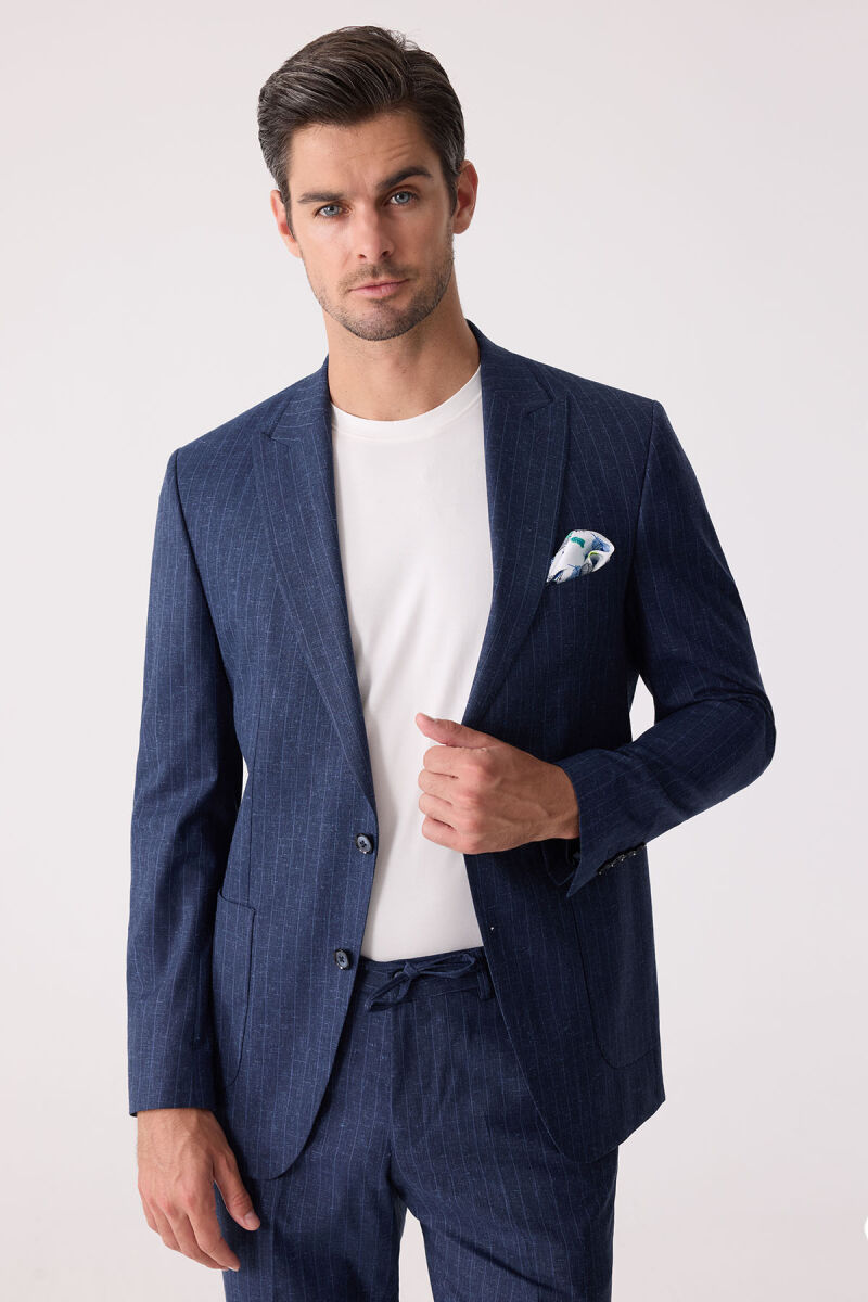 Erkek Mavi Slim Fit Çizgili Torba Cep Jogger Pantolonlu Sivri Yaka Takım Elbise - 1