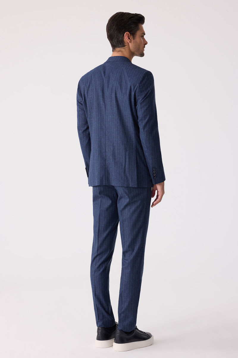 Erkek Mavi Slim Fit Çizgili Torba Cep Jogger Pantolonlu Sivri Yaka Takım Elbise - 12