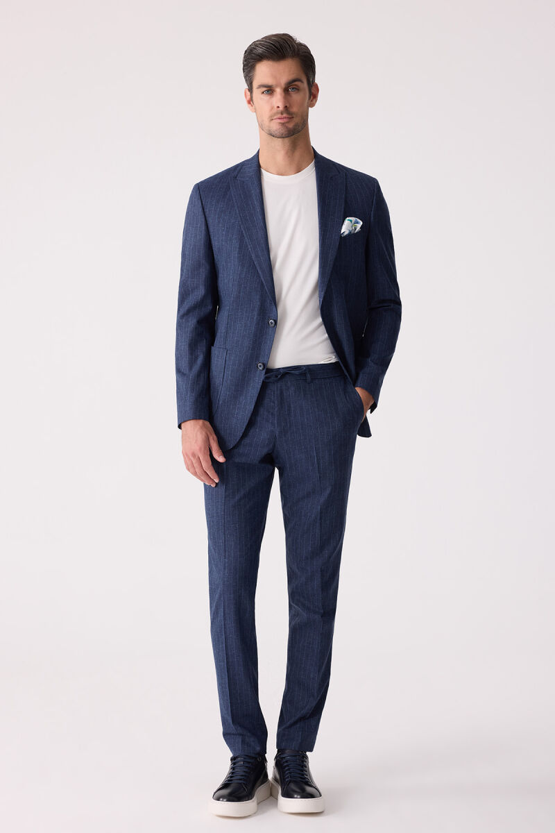 Erkek Mavi Slim Fit Çizgili Torba Cep Jogger Pantolonlu Sivri Yaka Takım Elbise - 2