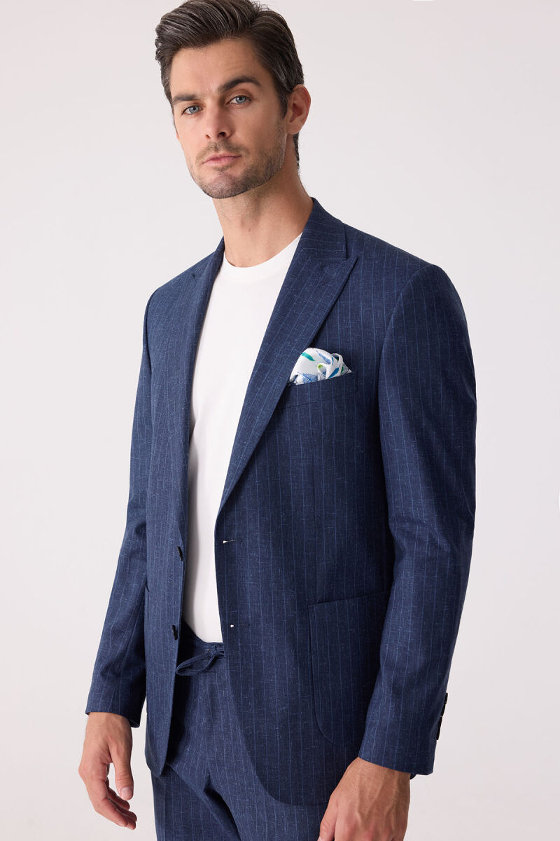 Erkek Mavi Slim Fit Çizgili Torba Cep Jogger Pantolonlu Sivri Yaka Takım Elbise - 4