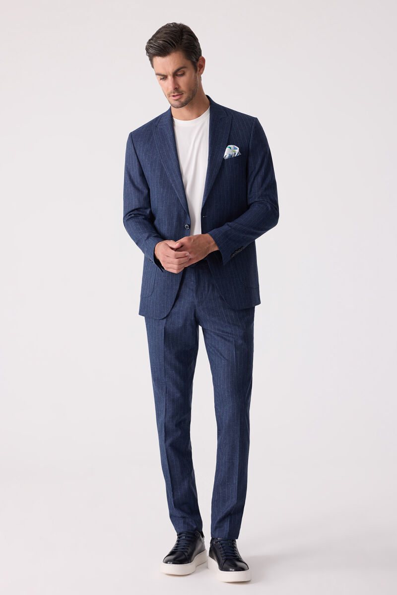 Erkek Mavi Slim Fit Çizgili Torba Cep Jogger Pantolonlu Sivri Yaka Takım Elbise - 5