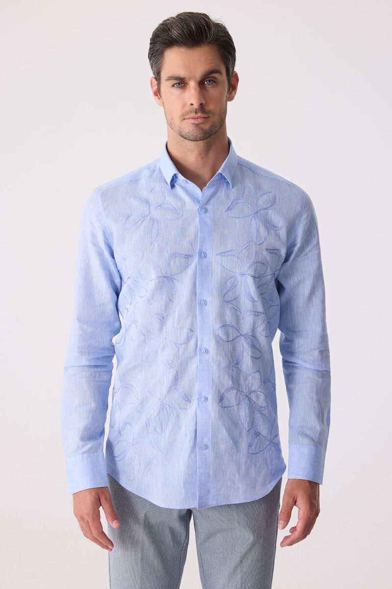 Erkek Mavi Slim Fit Gizli Yaka Düğmeli Keten Gömlek - 2