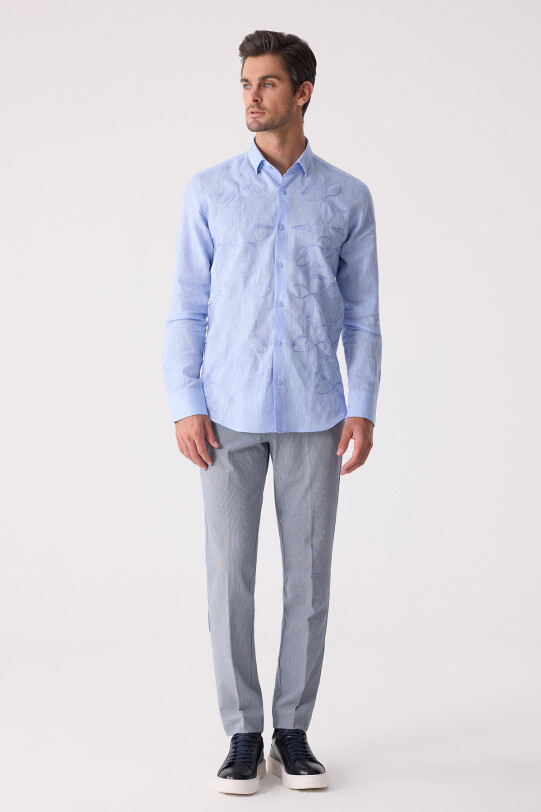 Erkek Mavi Slim Fit Gizli Yaka Düğmeli Keten Gömlek