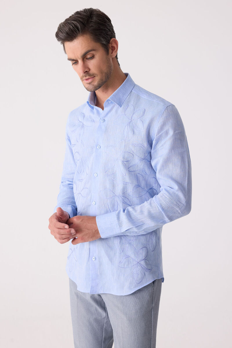 Erkek Mavi Slim Fit Gizli Yaka Düğmeli Keten Gömlek - 4