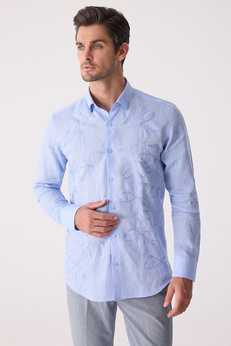 Erkek Mavi Slim Fit Gizli Yaka Düğmeli Keten Gömlek - 5
