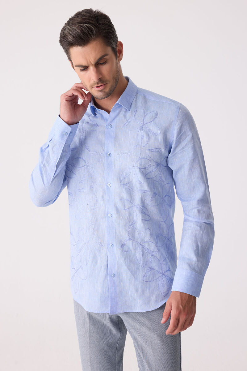 Erkek Mavi Slim Fit Gizli Yaka Düğmeli Keten Gömlek - 6