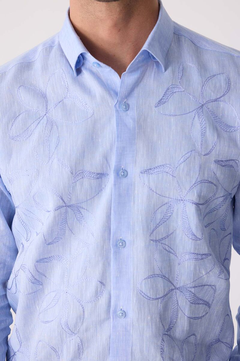 Erkek Mavi Slim Fit Gizli Yaka Düğmeli Keten Gömlek - 7