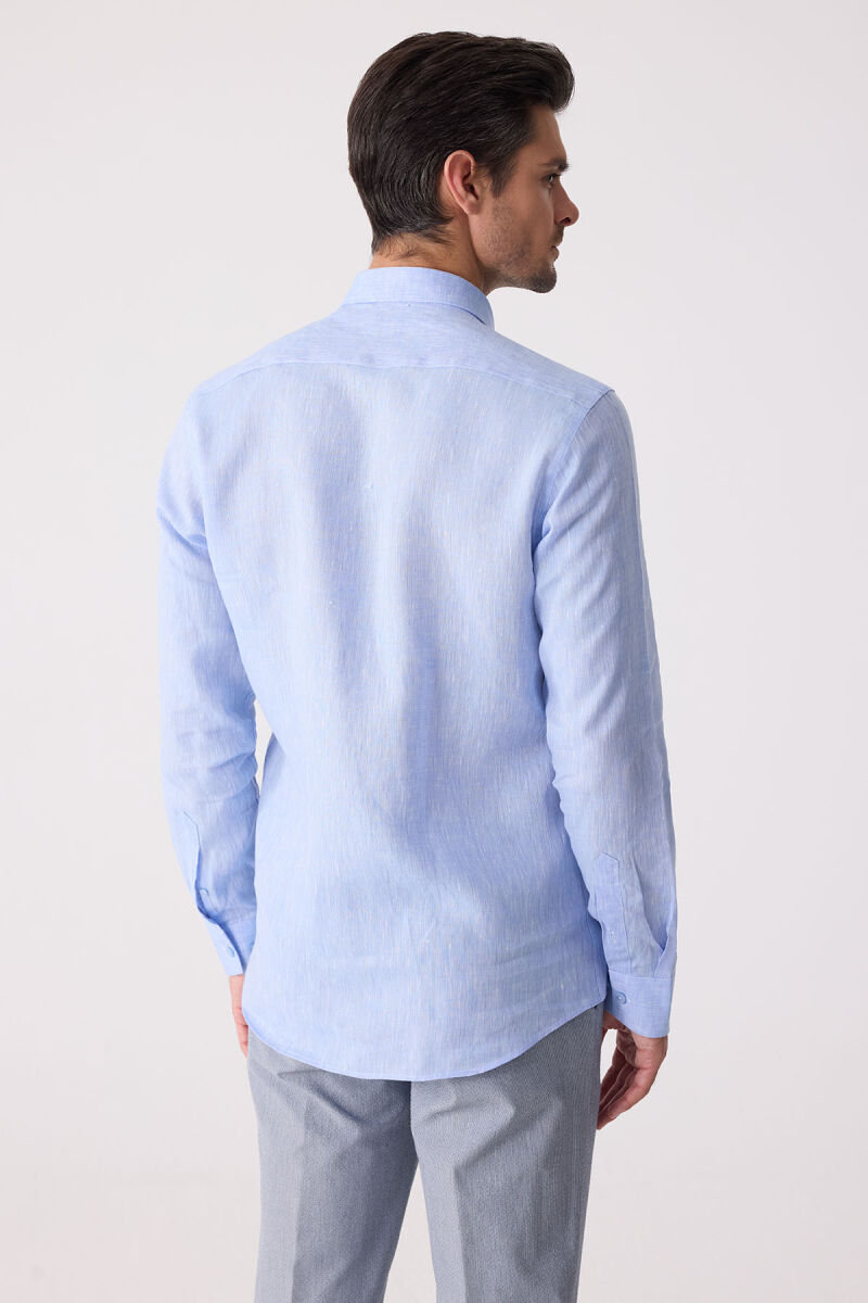 Erkek Mavi Slim Fit Gizli Yaka Düğmeli Keten Gömlek - 8