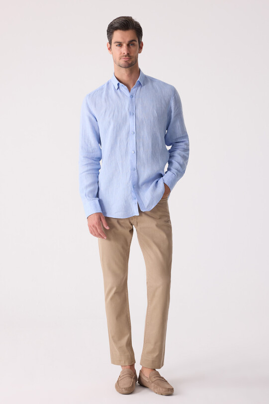 Erkek Mavi Slim Fit Klasik Yaka Keten Gömlek