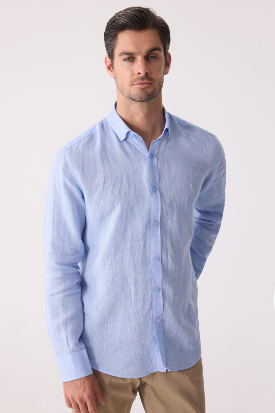 Erkek Mavi Slim Fit Klasik Yaka Keten Gömlek