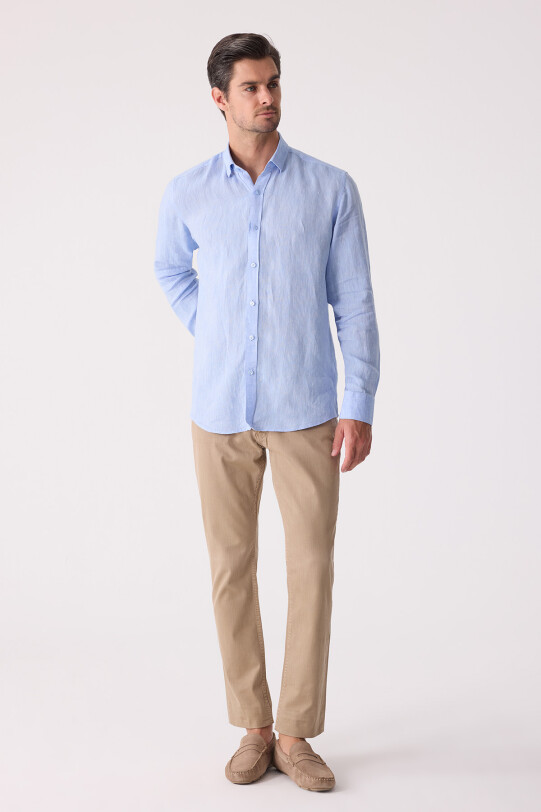 Erkek Mavi Slim Fit Klasik Yaka Keten Gömlek