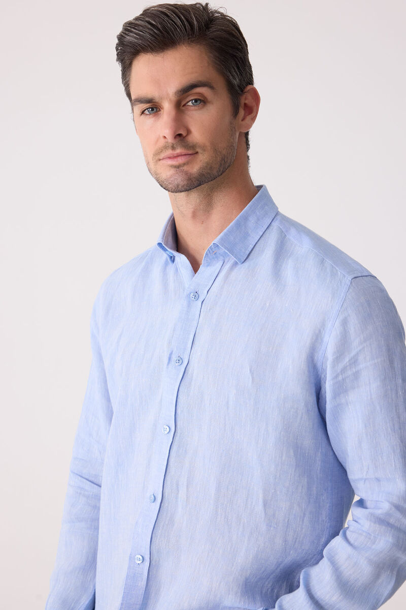 Erkek Mavi Slim Fit Klasik Yaka Keten Gömlek - 5