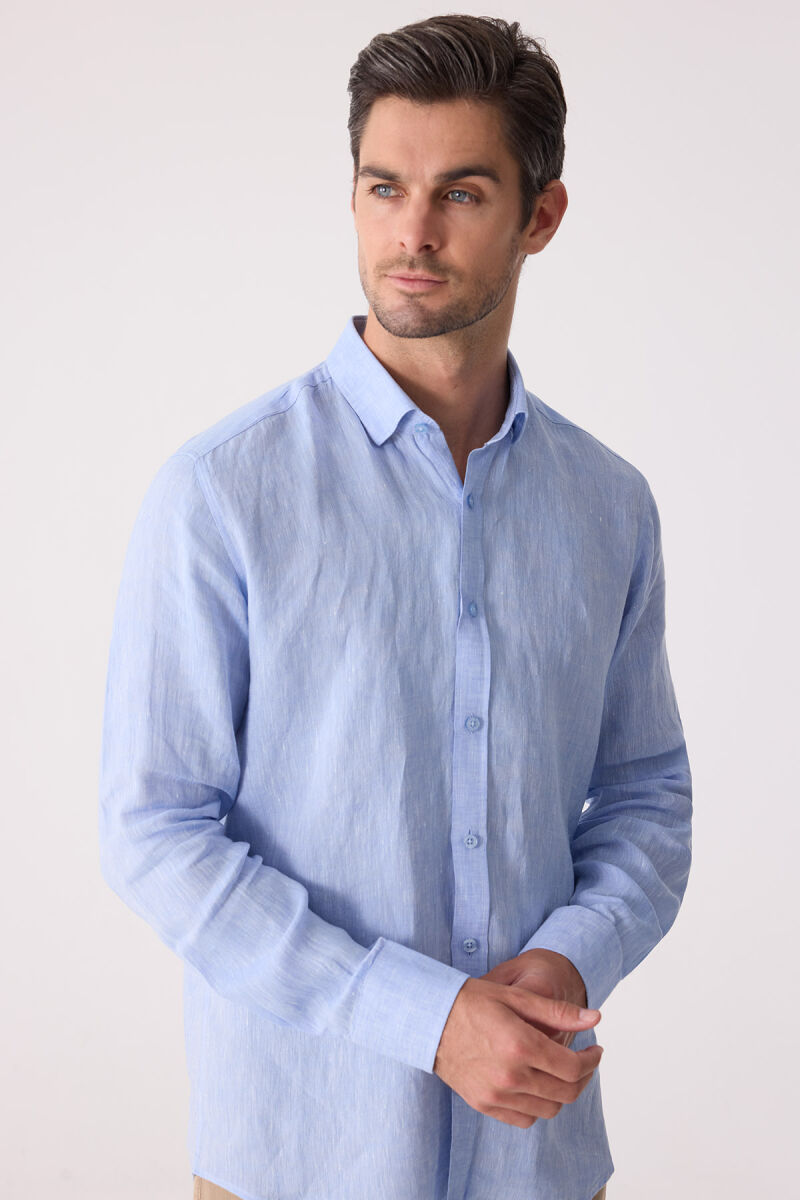 Erkek Mavi Slim Fit Klasik Yaka Keten Gömlek - 6