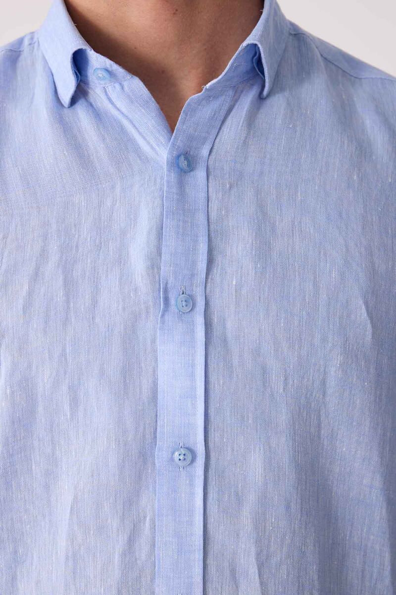 Erkek Mavi Slim Fit Klasik Yaka Keten Gömlek - 7