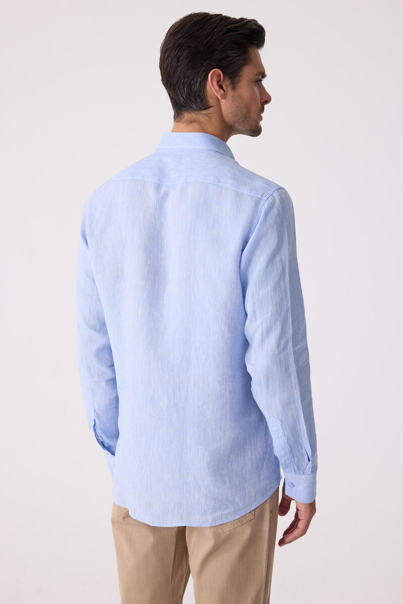 Erkek Mavi Slim Fit Klasik Yaka Keten Gömlek - 8