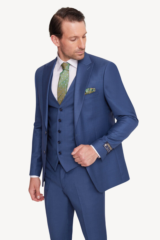 Erkek Mavi Slim Fit Sivri Yaka Yelekli Takım Elbise
