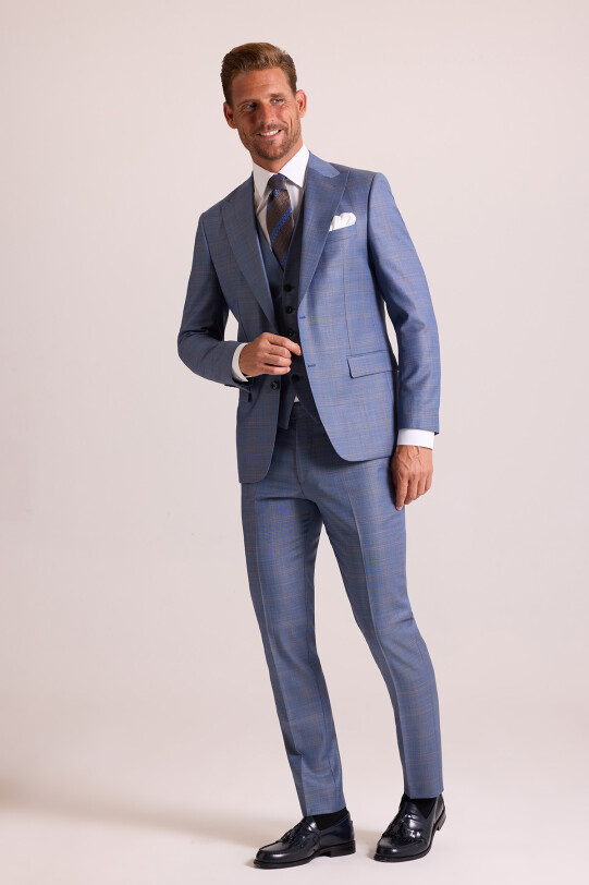 Erkek Mavi Slim Fit Sivri Yaka Yelekli Yün Takım Elbise