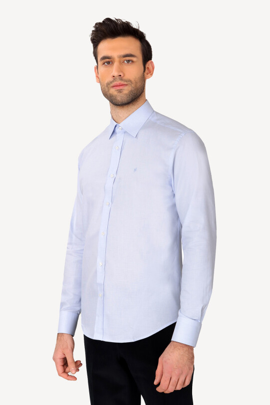 Erkek Mavi Slim Fit Uzun Kol Desenli Gömlek