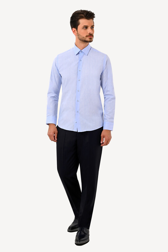 Erkek Mavi Slim Fit Uzun Kol Gömlek