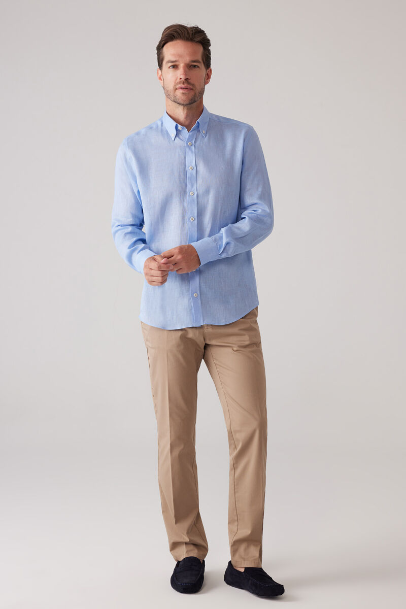 Erkek Mavi Slim Fit Yaka Düğmeli %100 Keten Gömlek - 1