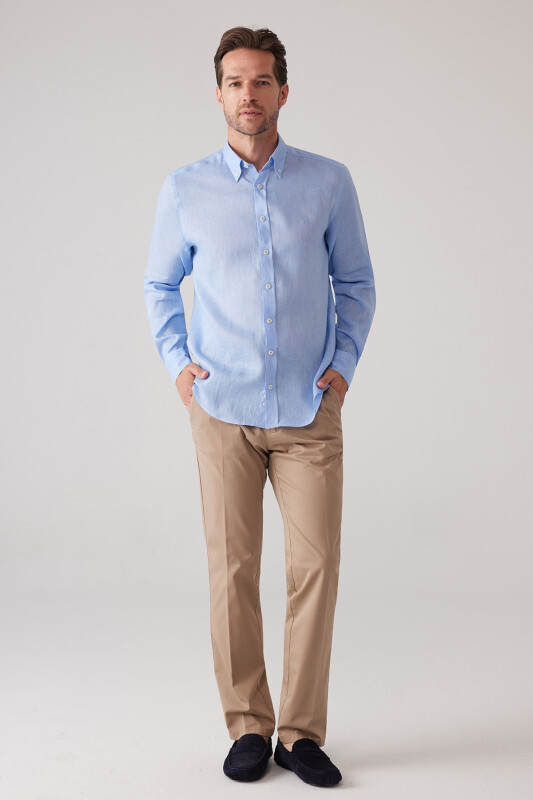 Erkek Mavi Slim Fit Yaka Düğmeli %100 Keten Gömlek