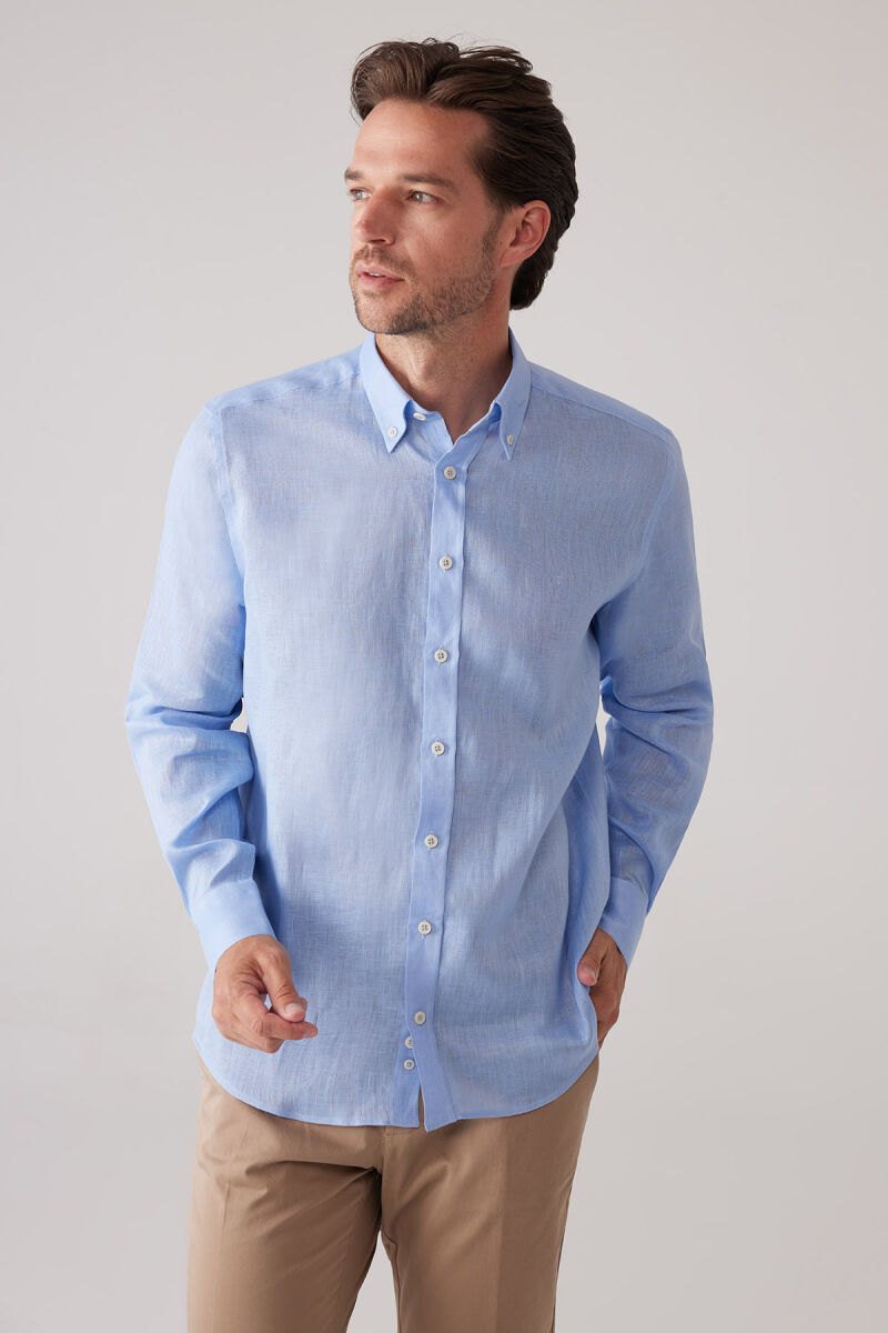 Erkek Mavi Slim Fit Yaka Düğmeli %100 Keten Gömlek - 3