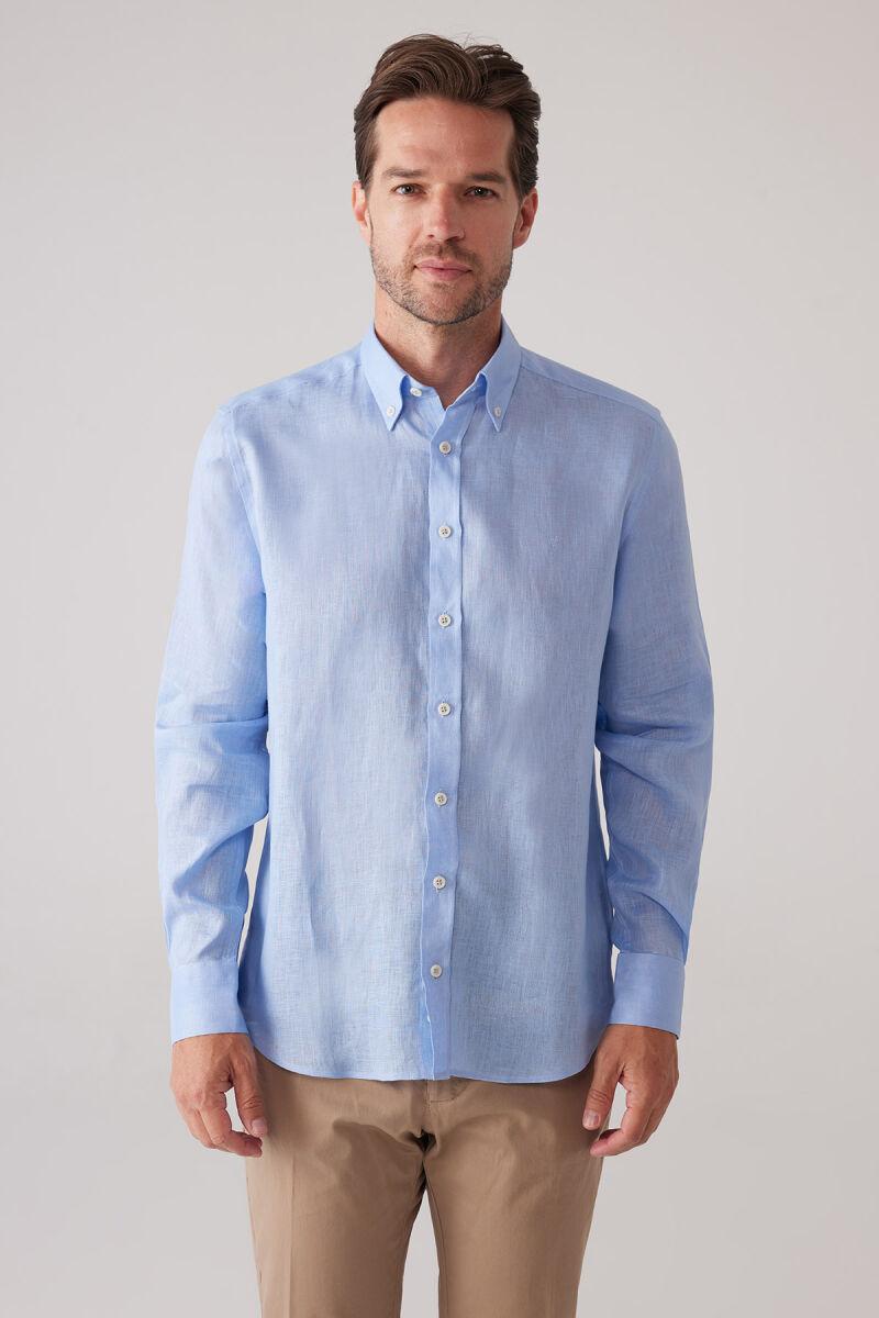 Erkek Mavi Slim Fit Yaka Düğmeli %100 Keten Gömlek - 4