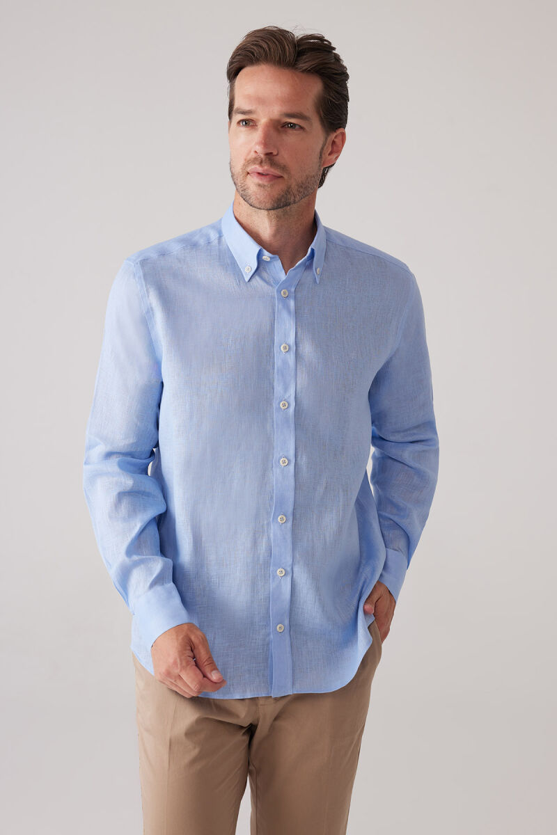 Erkek Mavi Slim Fit Yaka Düğmeli %100 Keten Gömlek - 5
