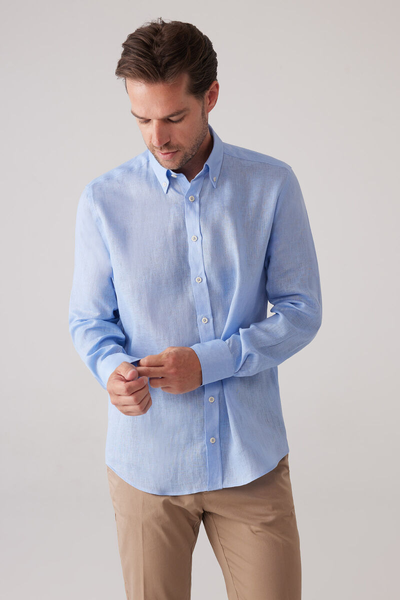 Erkek Mavi Slim Fit Yaka Düğmeli %100 Keten Gömlek - 6