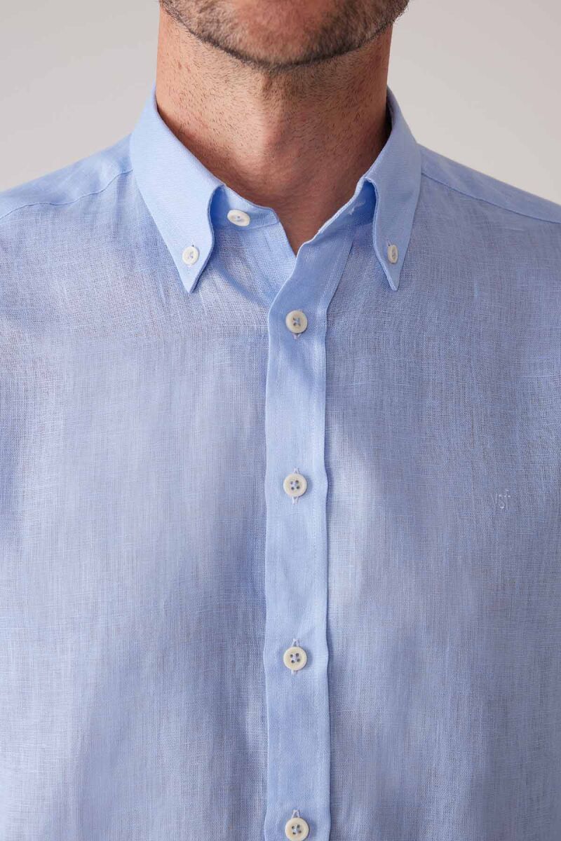 Erkek Mavi Slim Fit Yaka Düğmeli %100 Keten Gömlek - 7