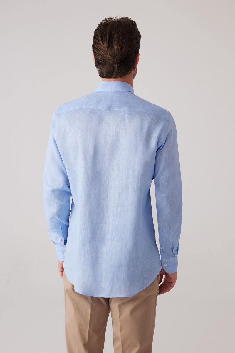 Erkek Mavi Slim Fit Yaka Düğmeli %100 Keten Gömlek - 8