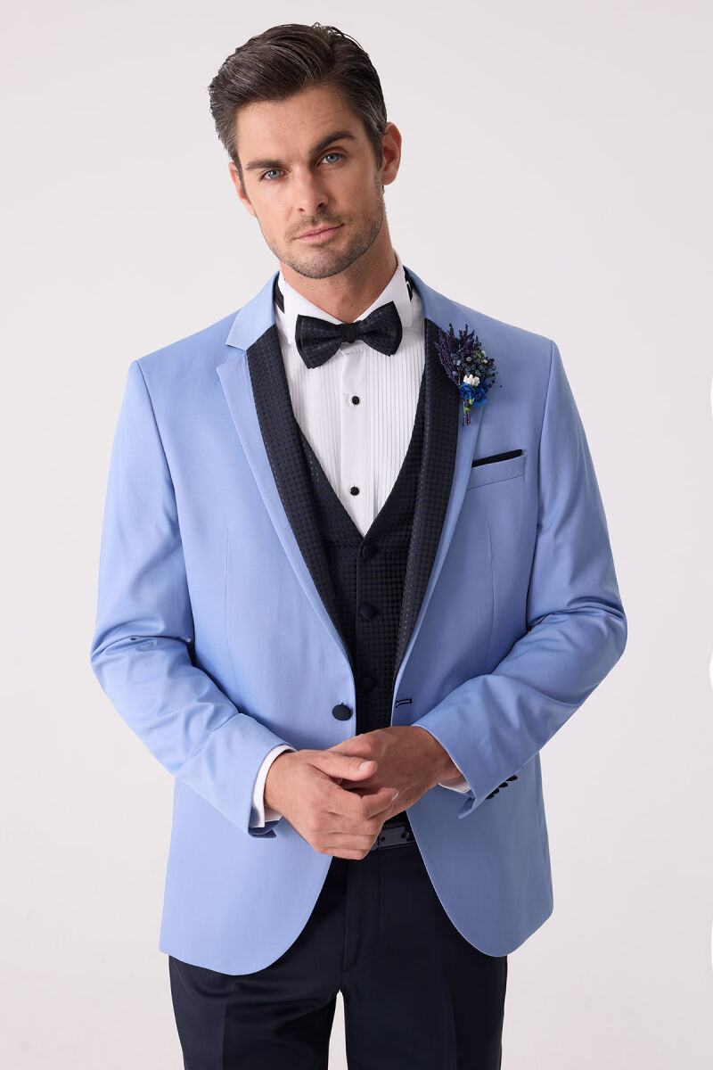 Erkek Mavi Slim Fit Yelekli Damatlık - 1