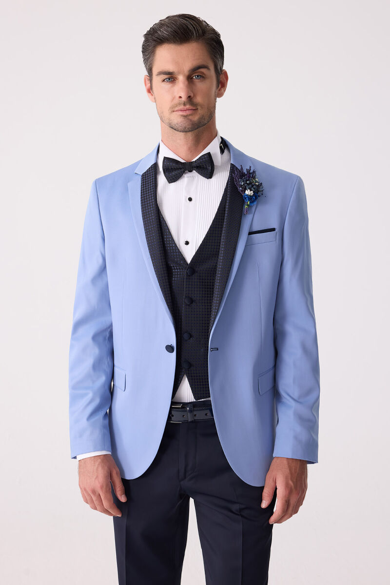 Erkek Mavi Slim Fit Yelekli Damatlık - 2