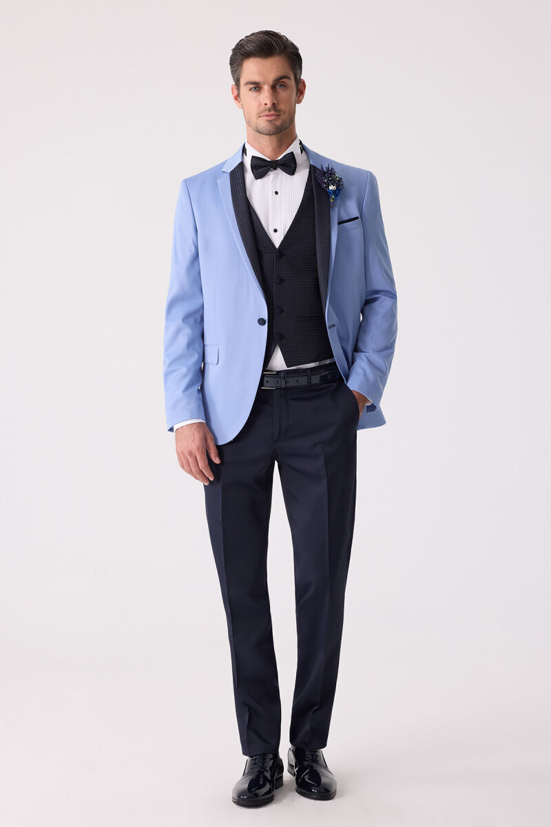 Erkek Mavi Slim Fit Yelekli Damatlık - 3