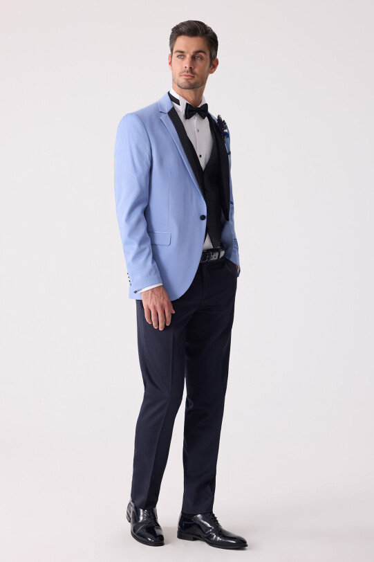 Erkek Mavi Slim Fit Yelekli Damatlık