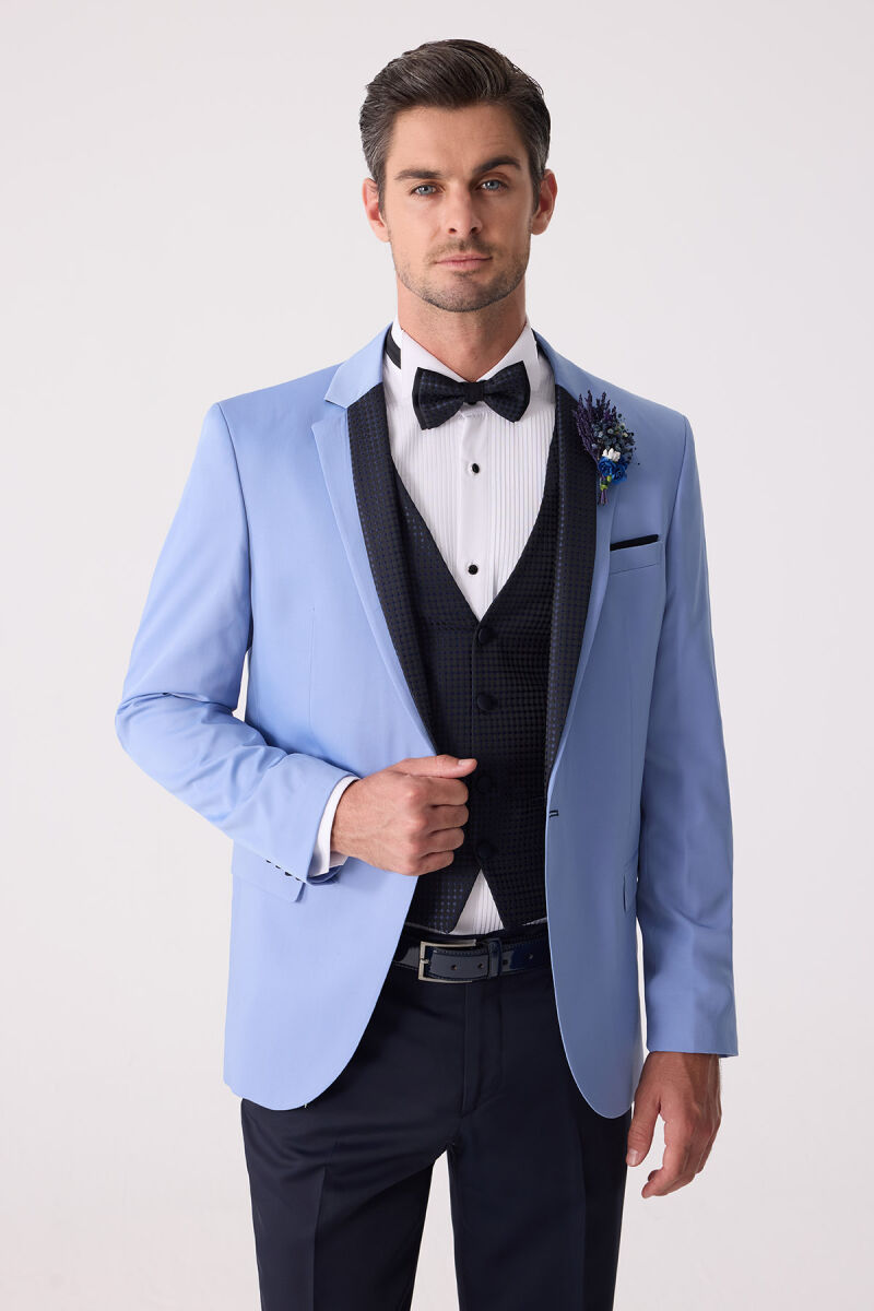Erkek Mavi Slim Fit Yelekli Damatlık - 5