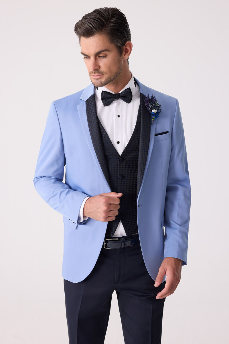 Erkek Mavi Slim Fit Yelekli Damatlık - 7