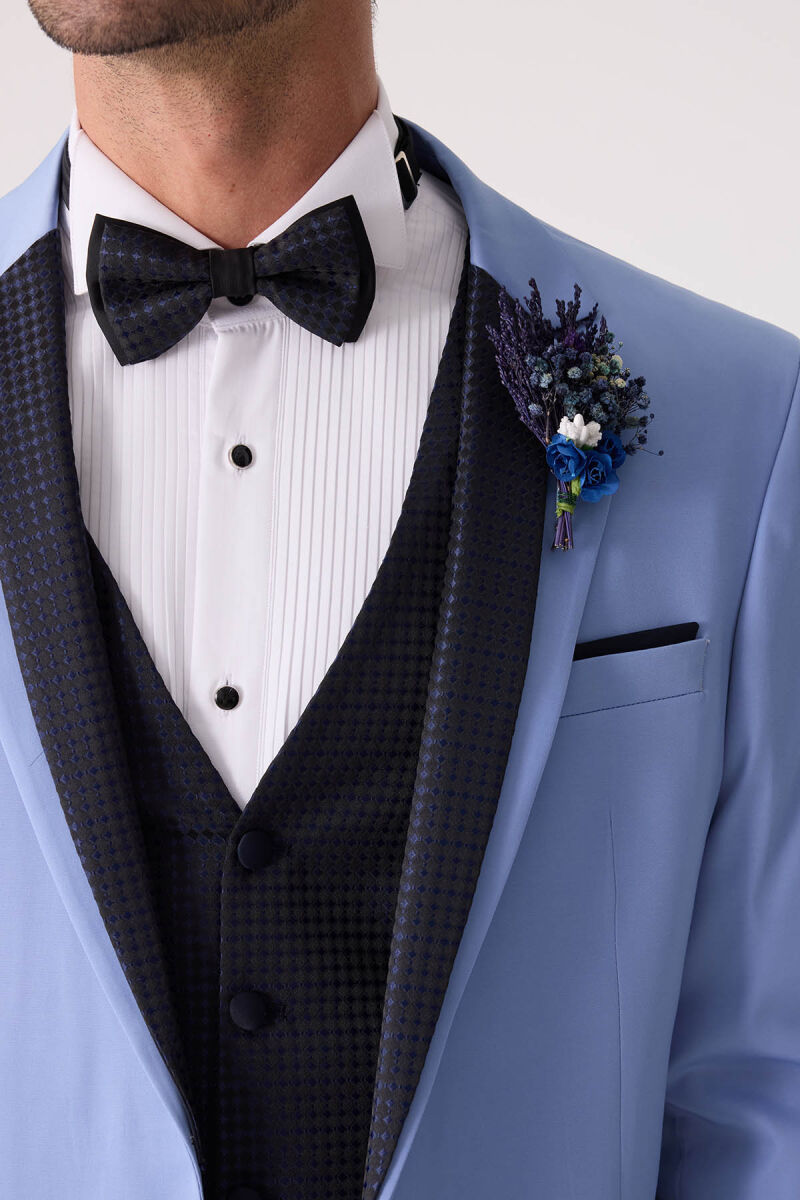 Erkek Mavi Slim Fit Yelekli Damatlık - 8