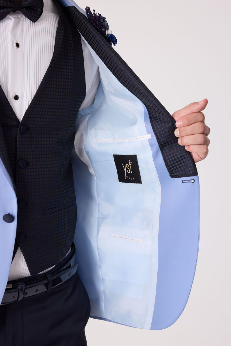 Erkek Mavi Slim Fit Yelekli Damatlık - 9